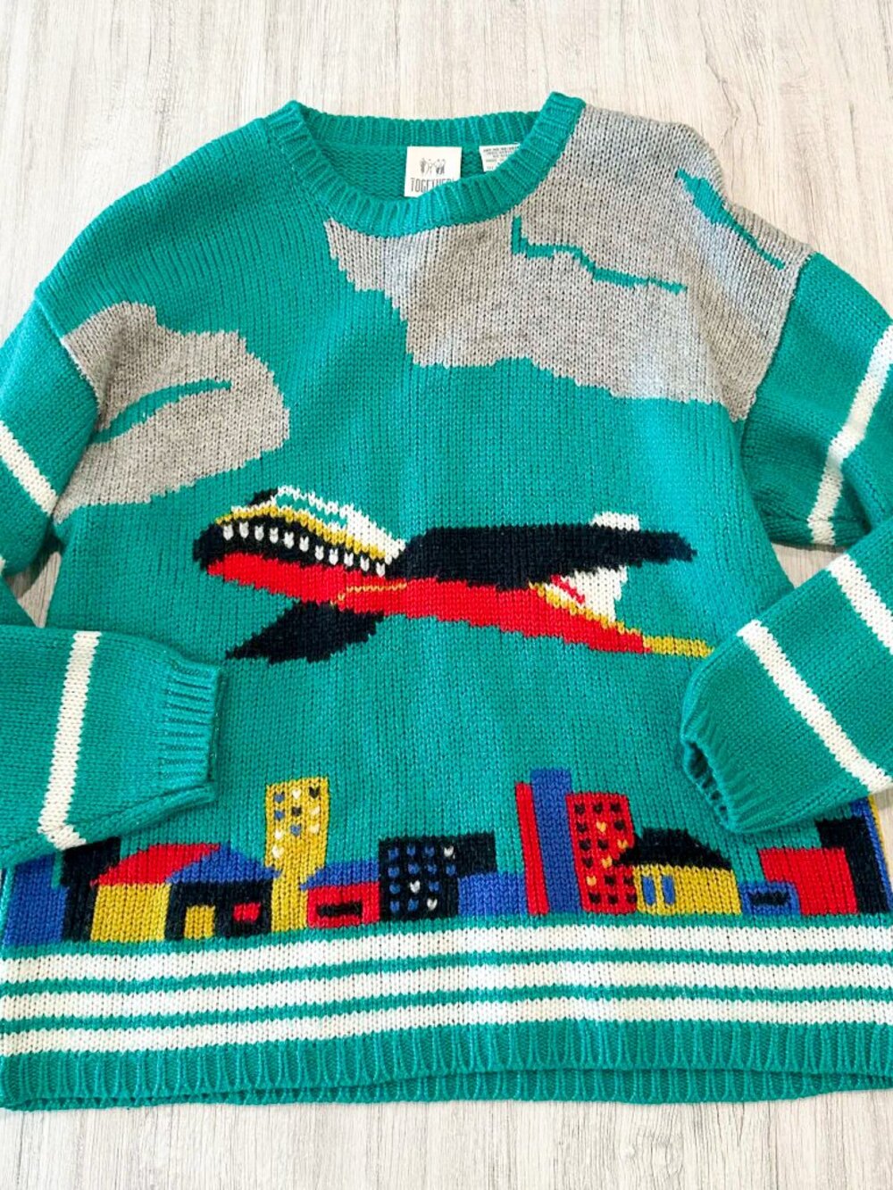 Vintage Together Airplane Sweater M Teal Novelty Knit 100% Acrylic Taiwan